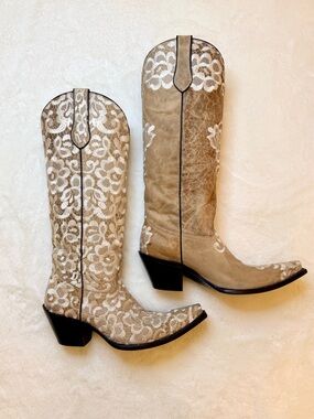 Corral Bone Tall Lace Embroidery Cowboy Boots | Size 10M | Leather